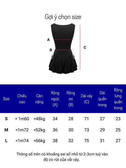 Black dress size chart with measurements and weight ranges.