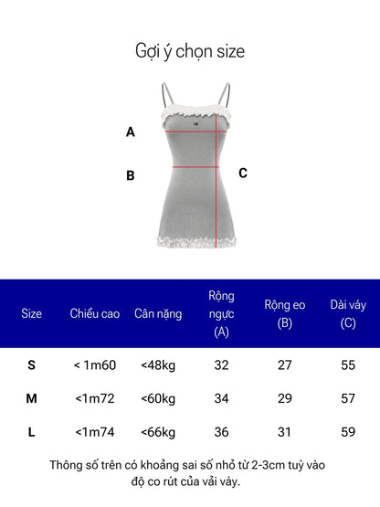 Size chart for a gray dress with measurements and weight guidelines.