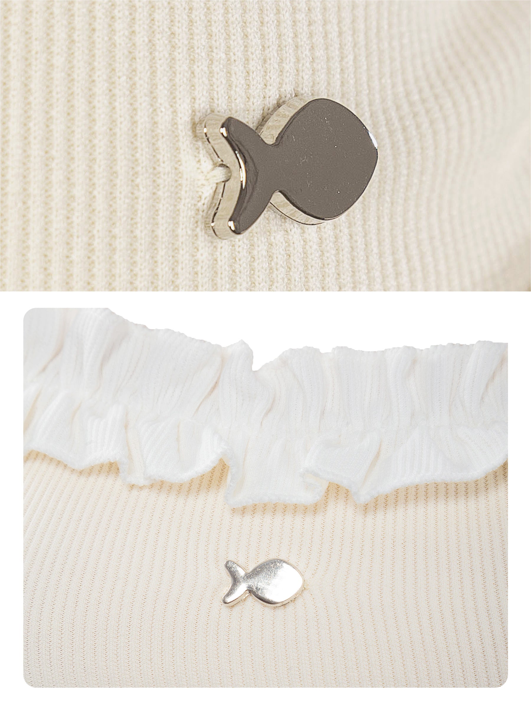 Fish-shaped buttons on a textured fabric background