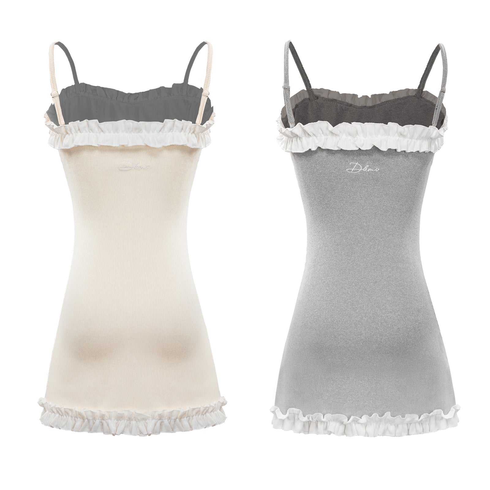 Two camisoles, one beige and one gray, with lace trim on a white background.