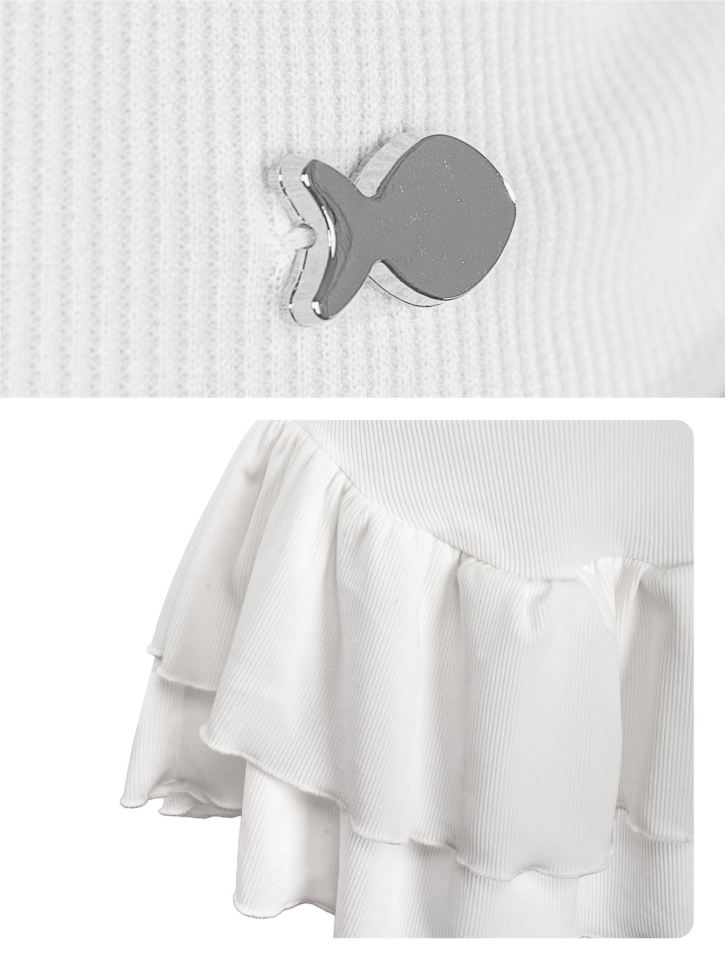 Close-up of a white sweater with a gray fish-shaped button and a white skirt with ruffles.
