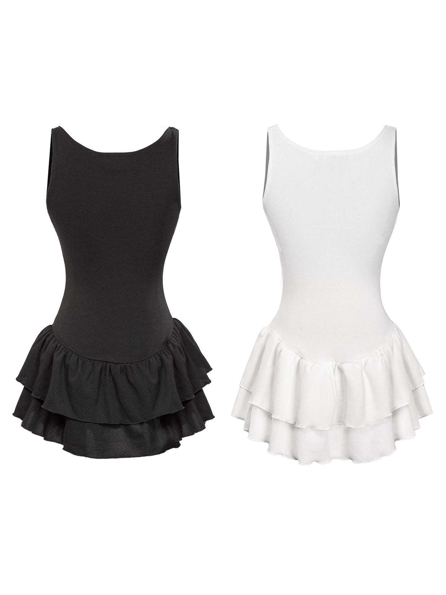 Black and white leotards with ruffled skirts on a white background
