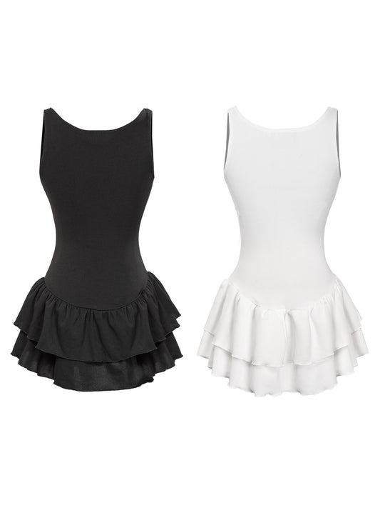 Black and white leotards with ruffled skirts on a white background