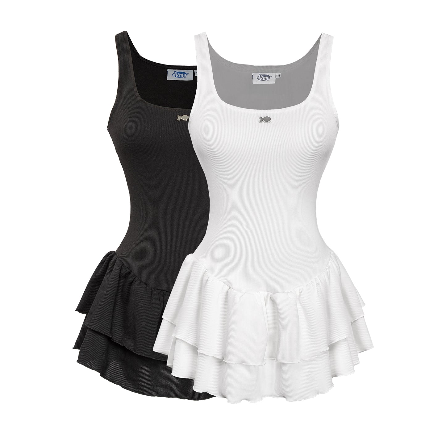 Black and white leotard with a skirt on a white background
