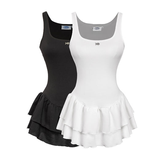 Black and white leotard with a skirt on a white background