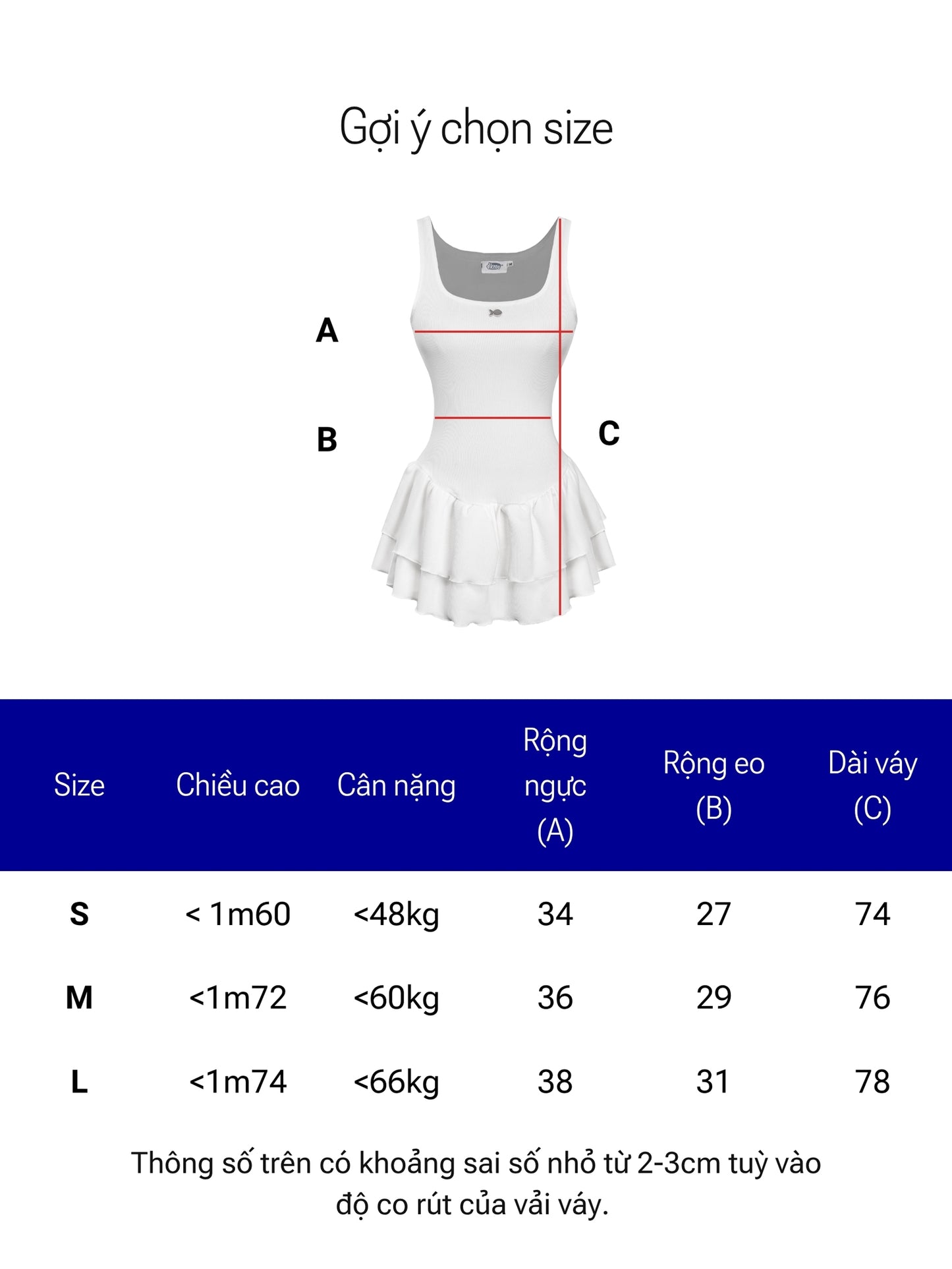 Measurement chart for a white dress with size guide in Vietnamese