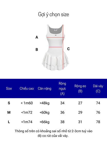Measurement chart for a white dress with size guide in Vietnamese