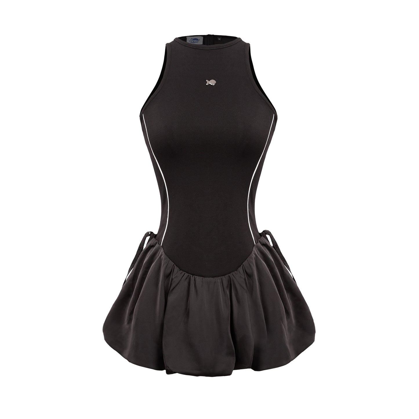 Black sleeveless dress with a skirt on a white background