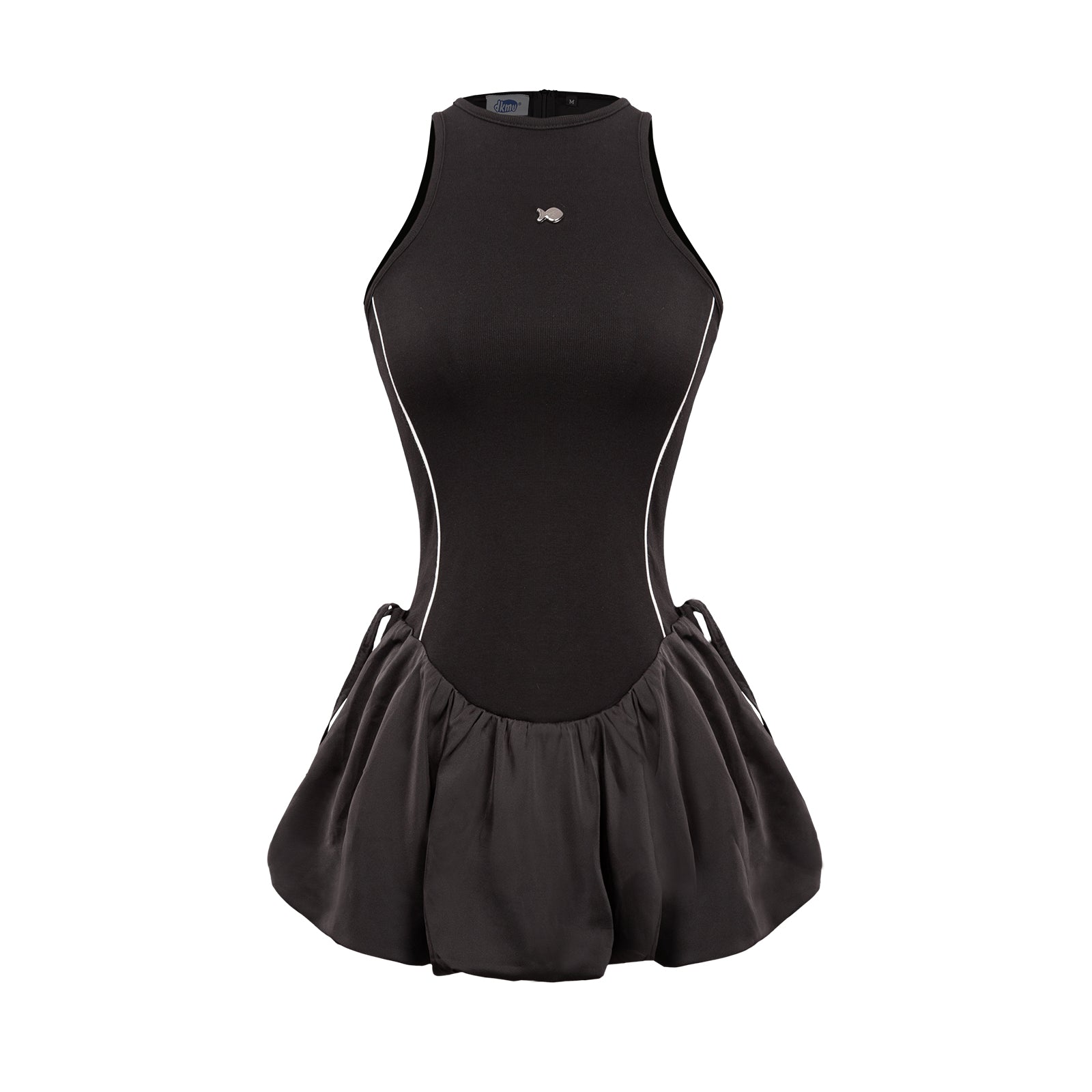 Black sleeveless dress with a skirt on a white background