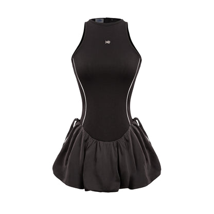 Black sleeveless dress with a skirt on a white background