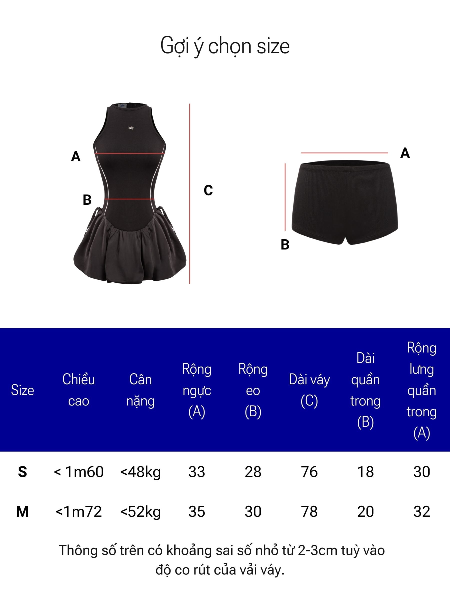 Size chart for a black swimsuit with measurements and weight range.