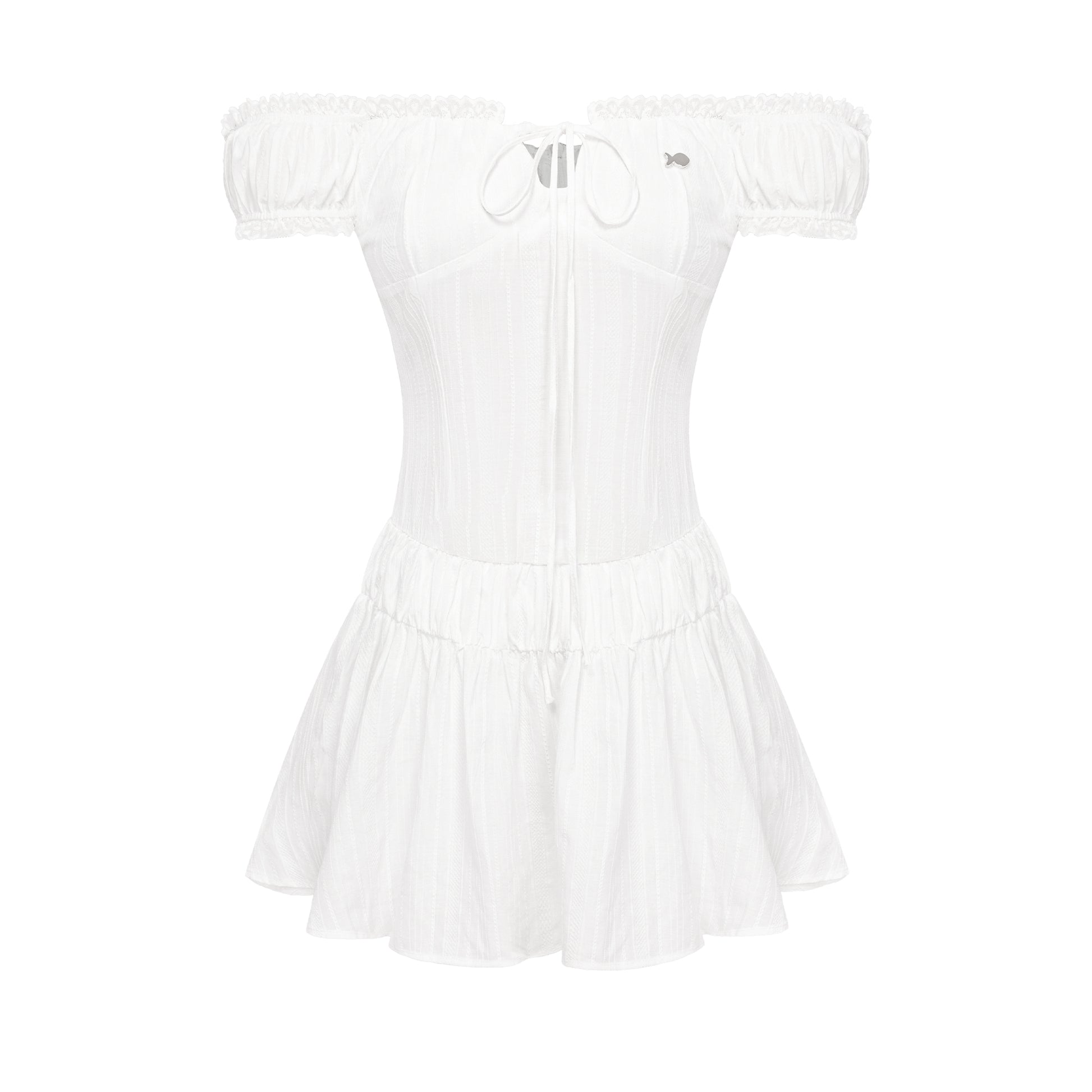 White off-shoulder dress with a zipper on a white background