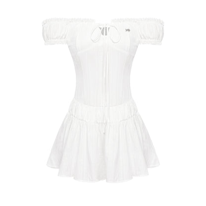 White off-shoulder dress with a zipper on a white background