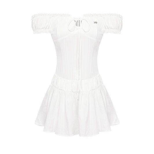 White off-shoulder dress with a zipper on a white background