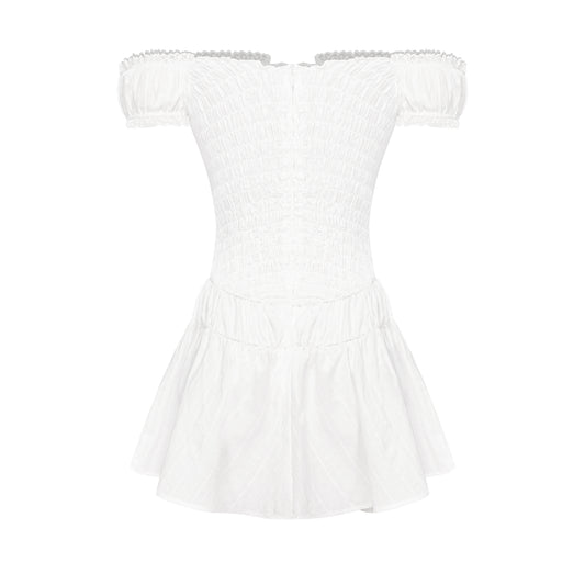 White off-shoulder dress on a white background