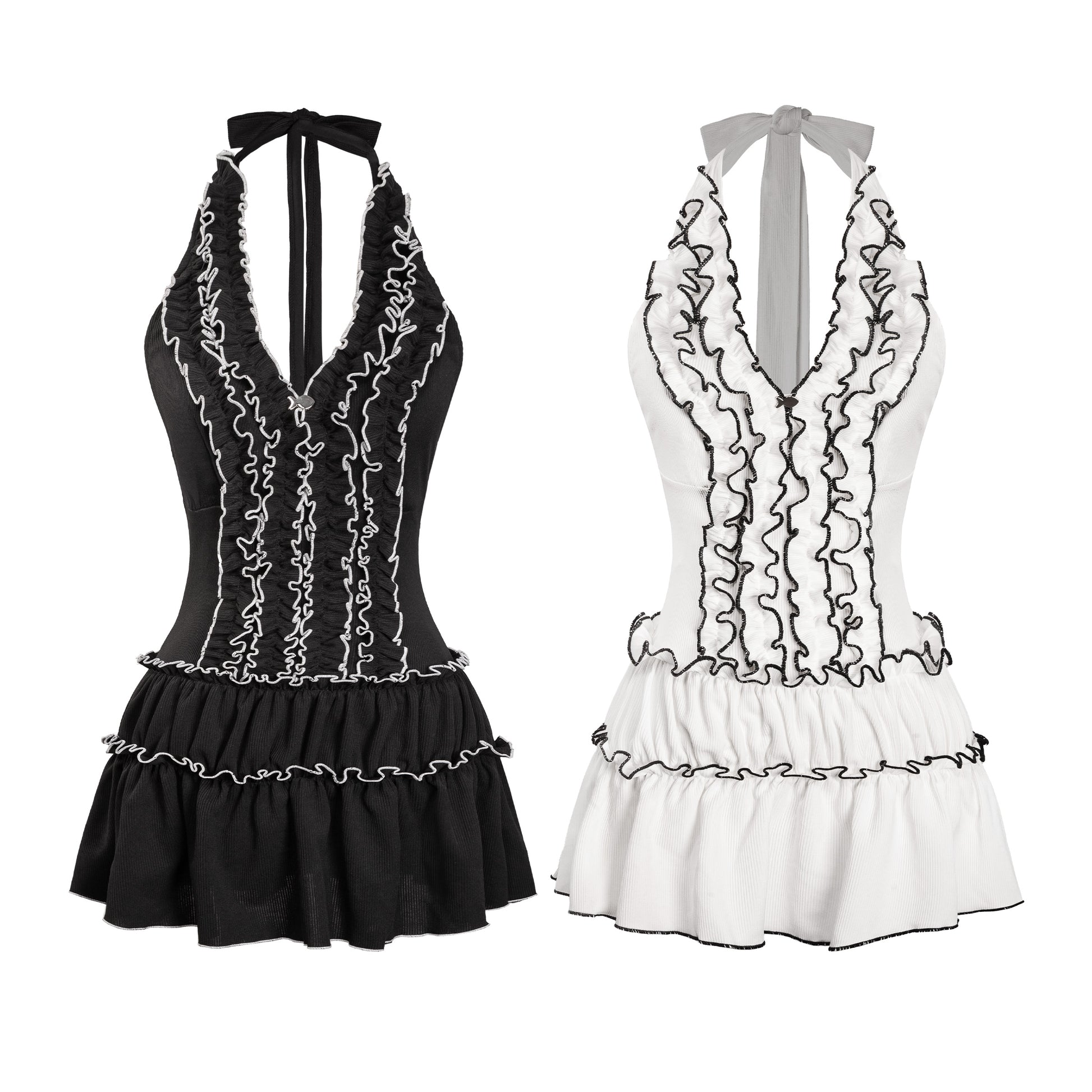 Two black and white halter neck dresses with ruffled details on a white background.