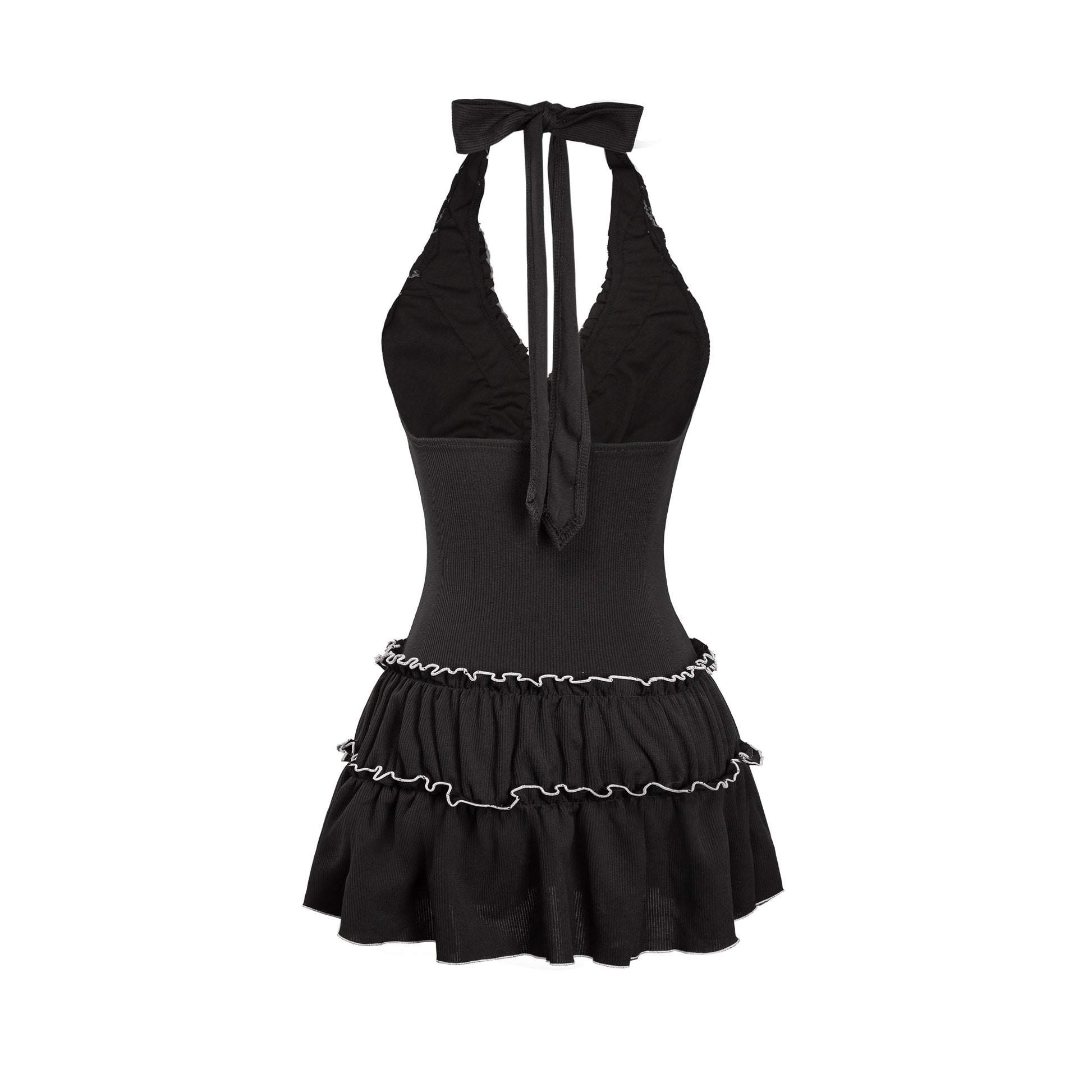Black halter top with ruffled skirt on a white background