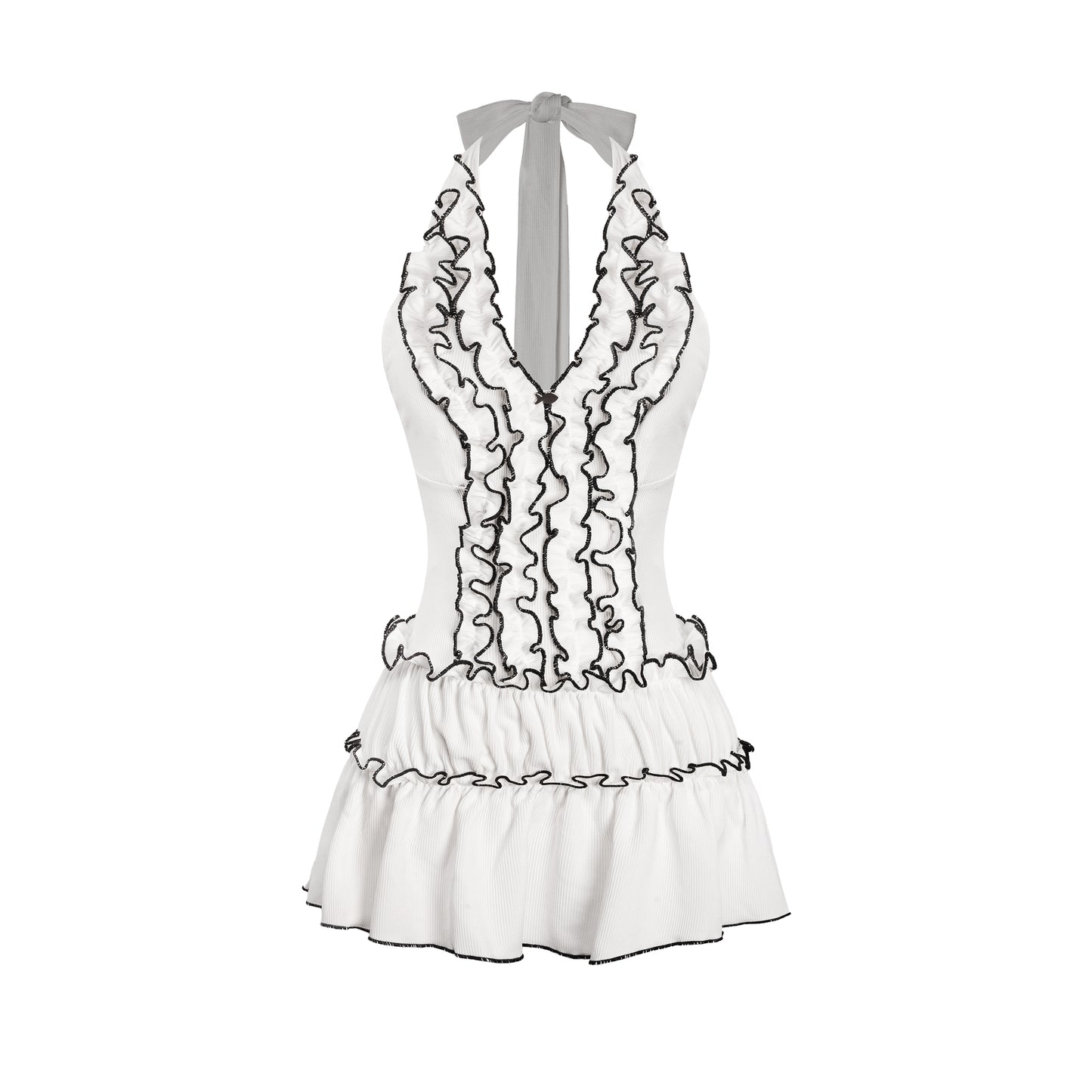 White lace dress with black details on a white background