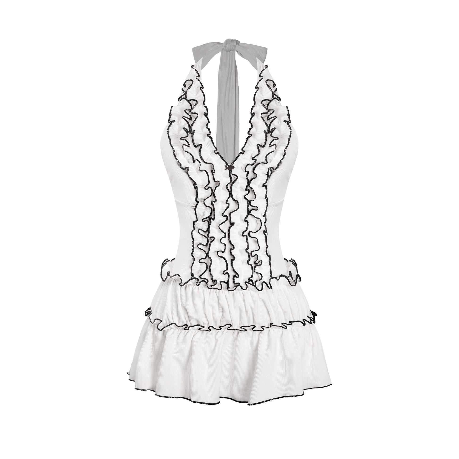White lace dress with black details on a white background