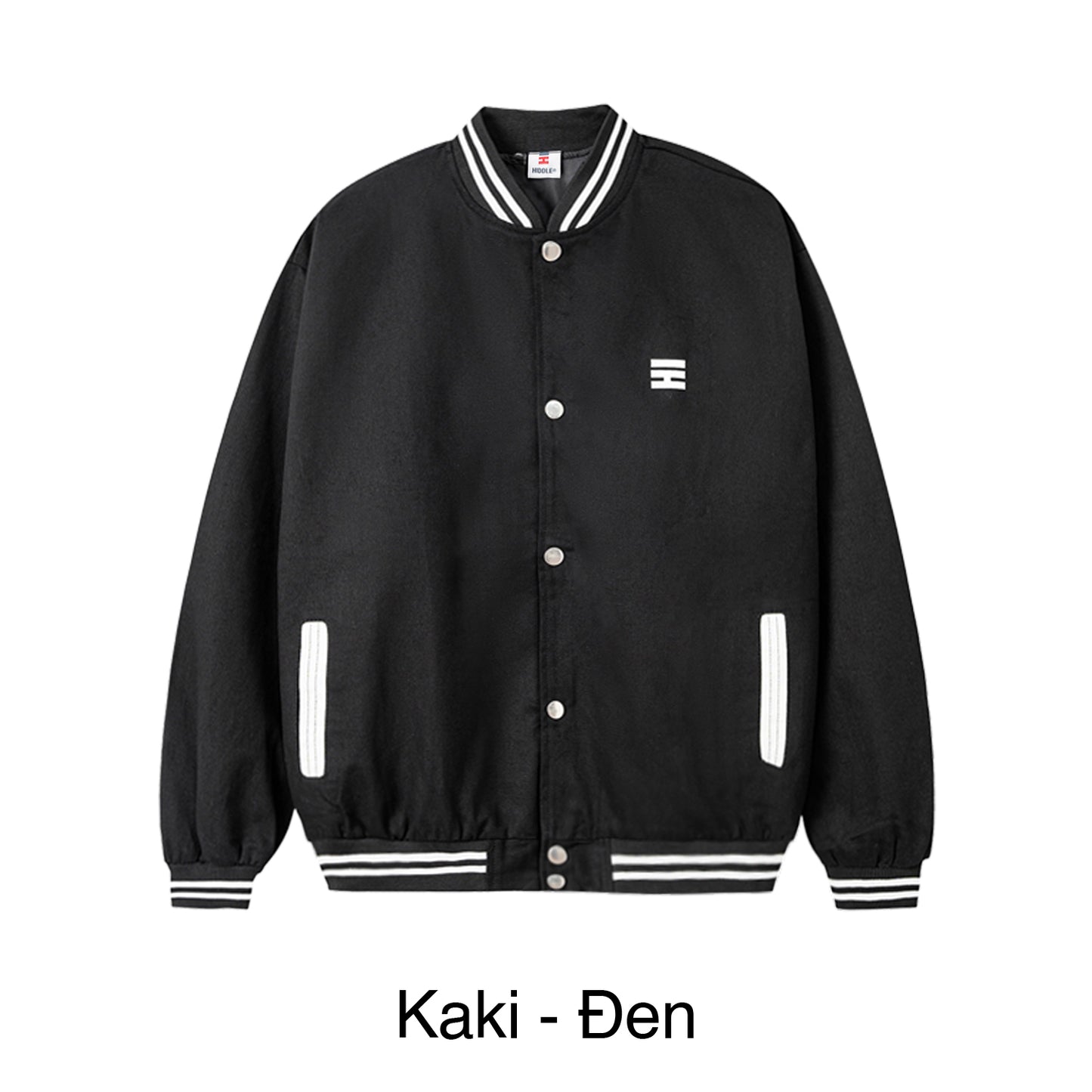Black varsity jacket with white accents on a white background