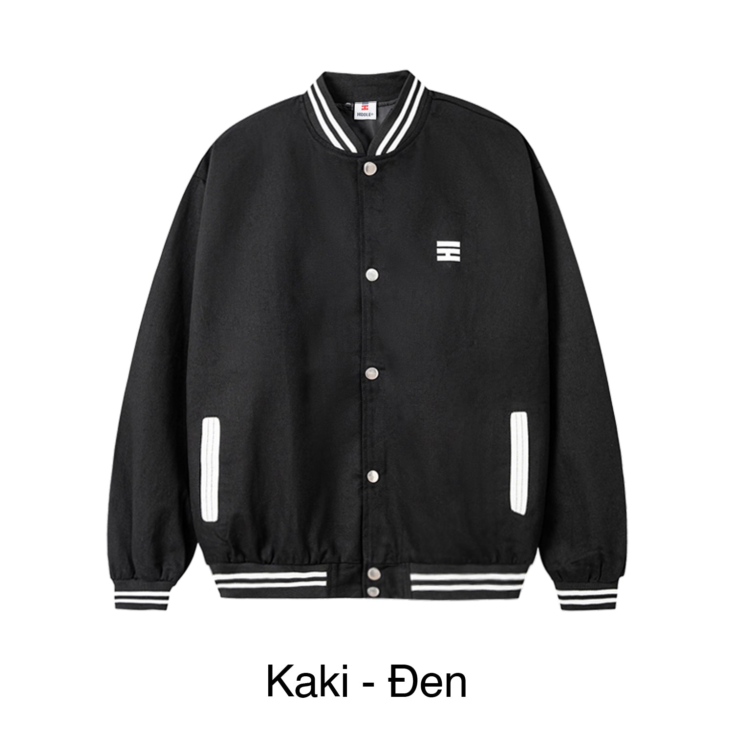 Black varsity jacket with white accents on a white background