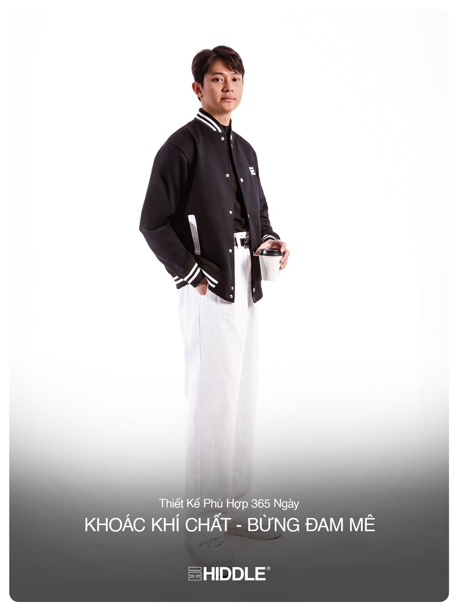 Person wearing a black and white jacket with text on a gradient background