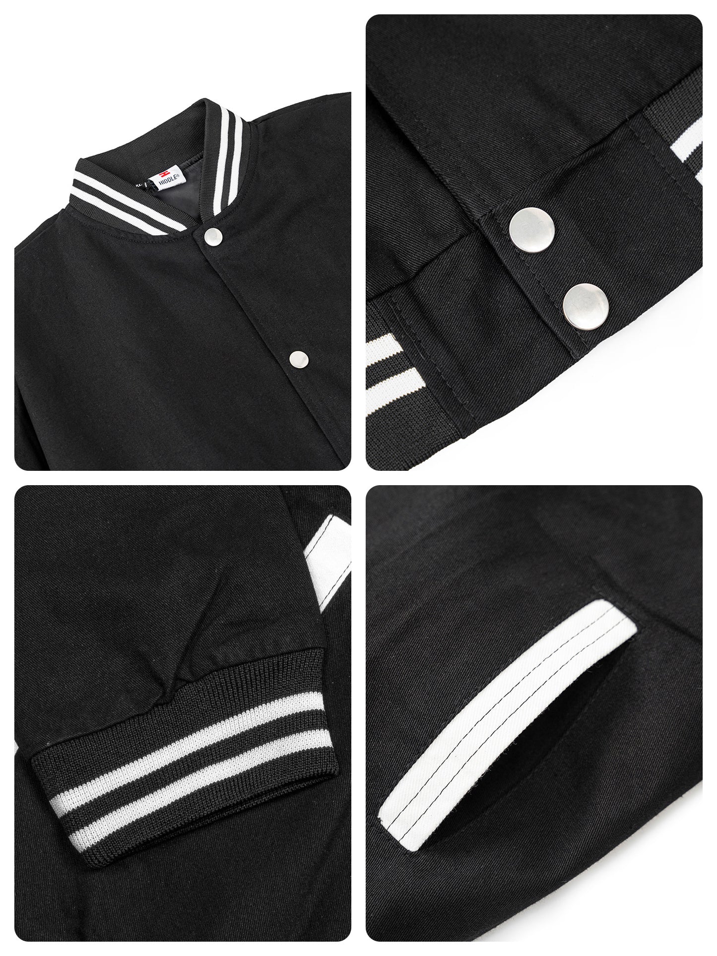 Black jacket with white stripes and buttons on a white background