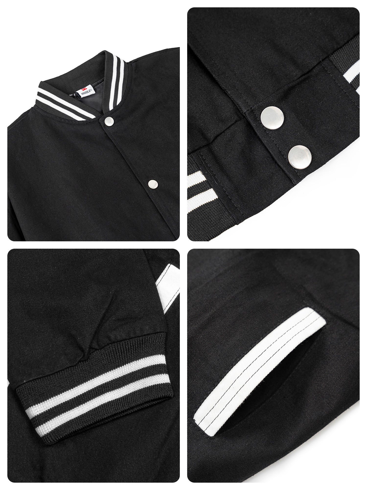 Black jacket with white stripes and buttons on a white background