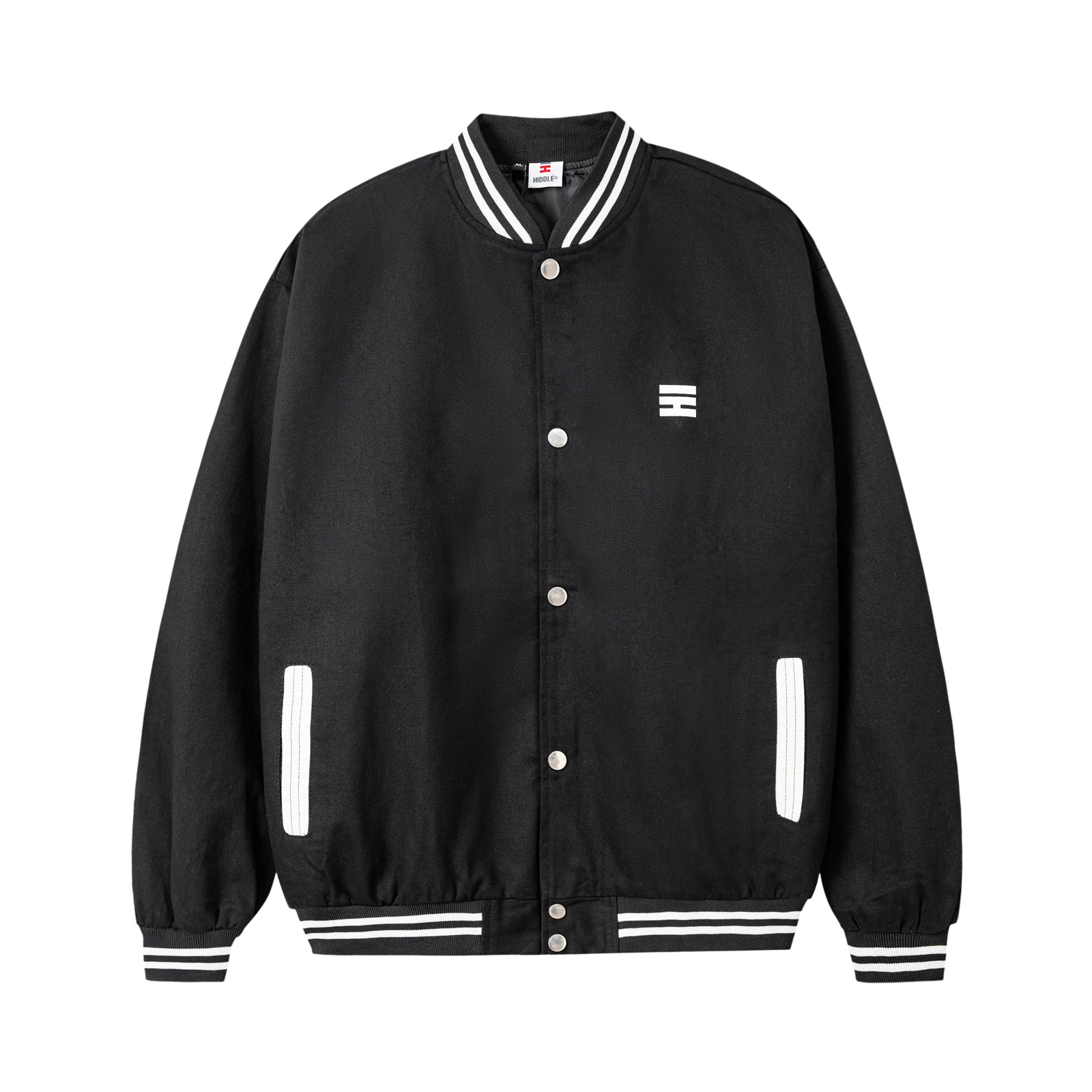 Black varsity jacket with white accents on a white background