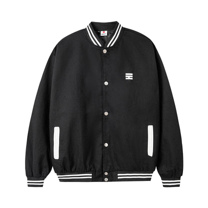 Black varsity jacket with white accents on a white background