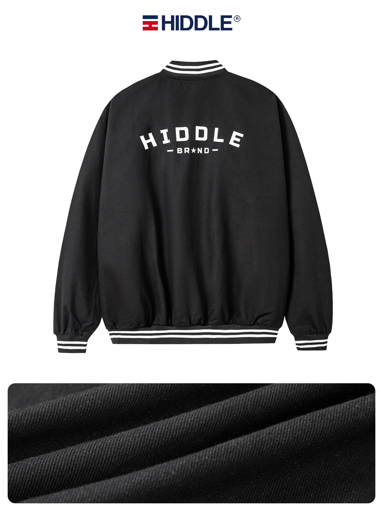 Black jacket with 'Hiddle' branding on a white background