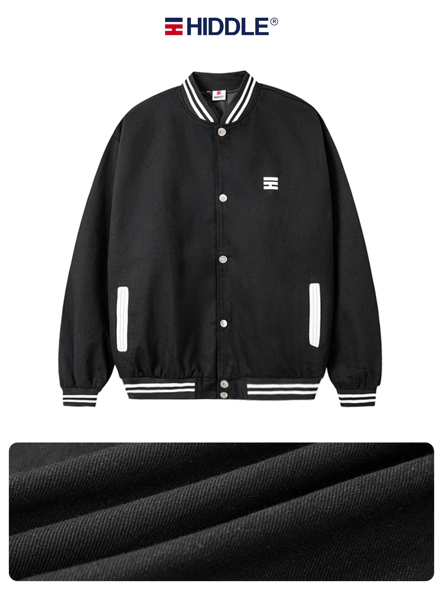 Black varsity jacket with white accents and Hiddle logo on a white background
