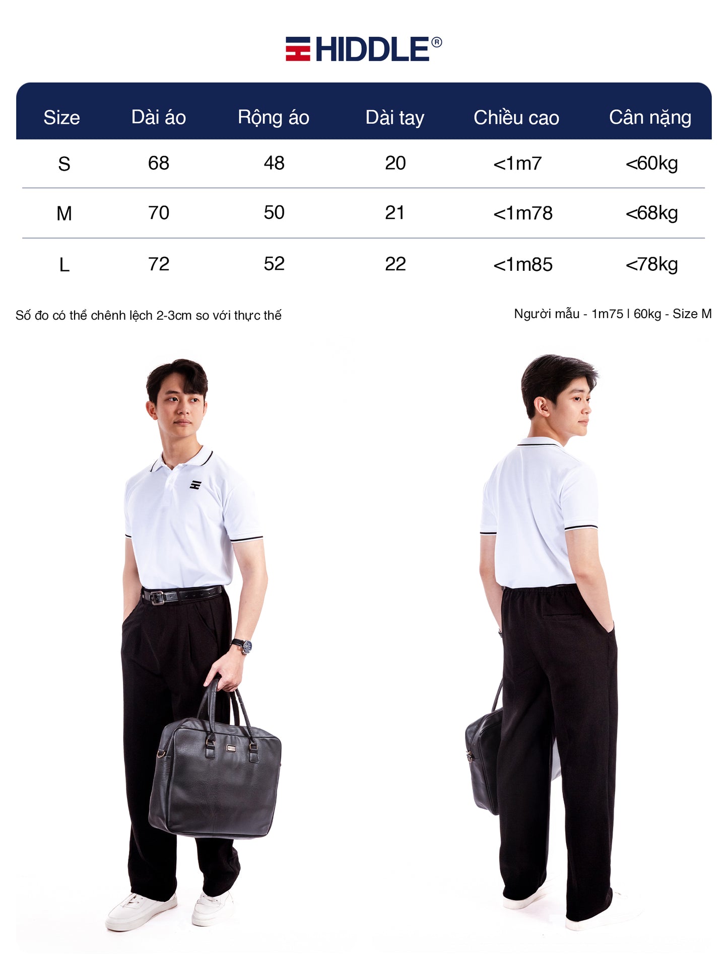 Hiddle size chart with two models wearing a white shirt and black pants holding bags.