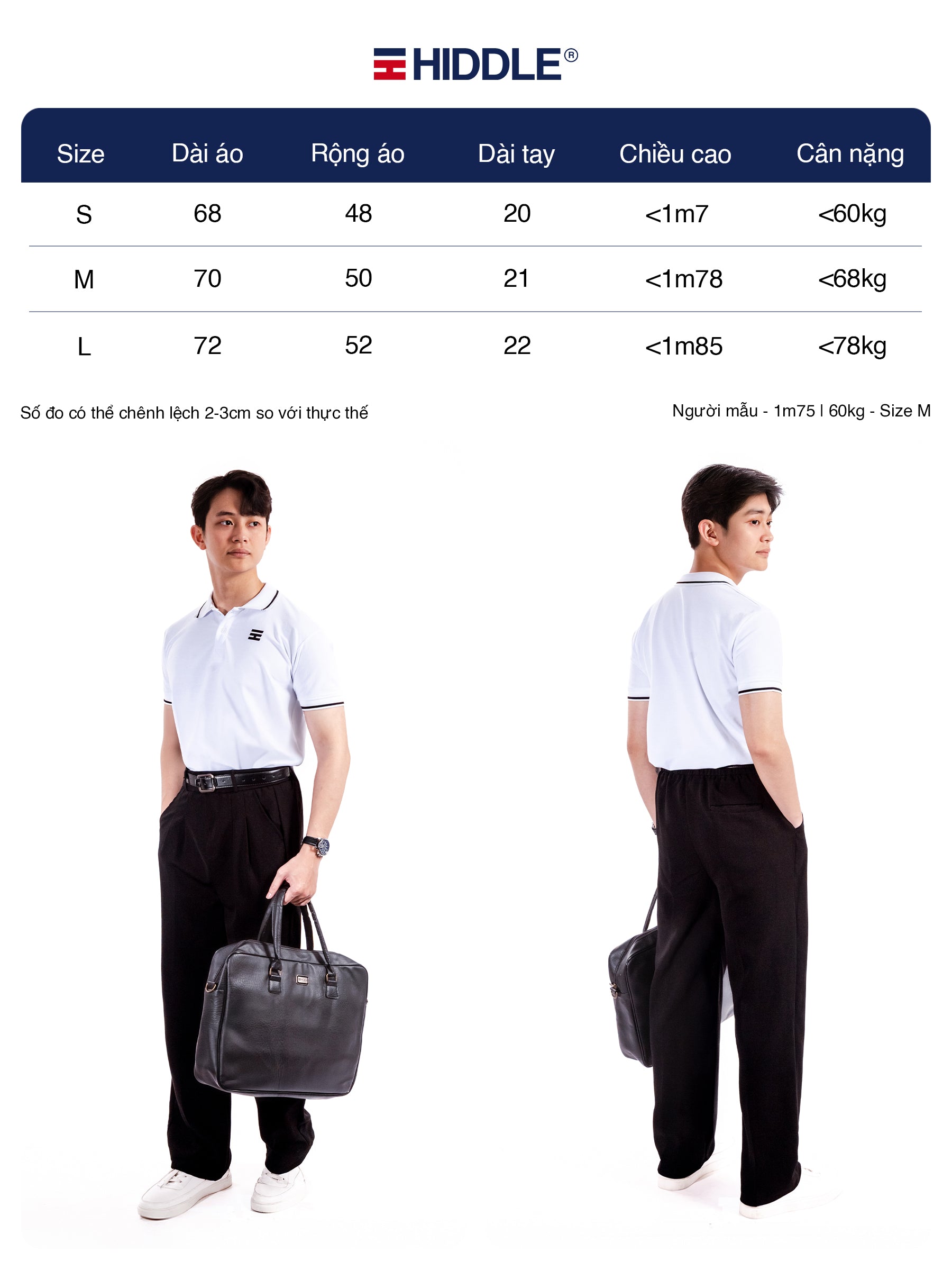 Hiddle size chart with two models wearing a white shirt and black pants holding bags.