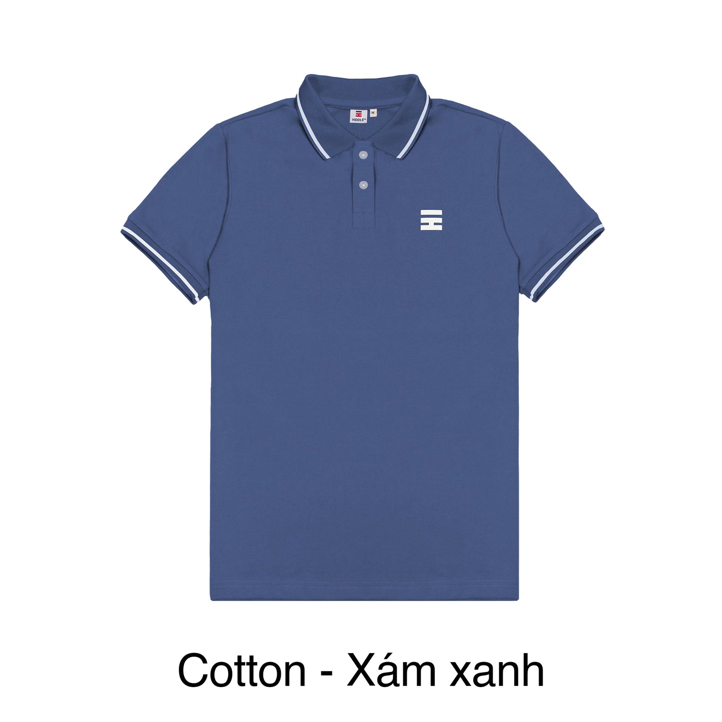 Blue polo shirt with a logo on a white background