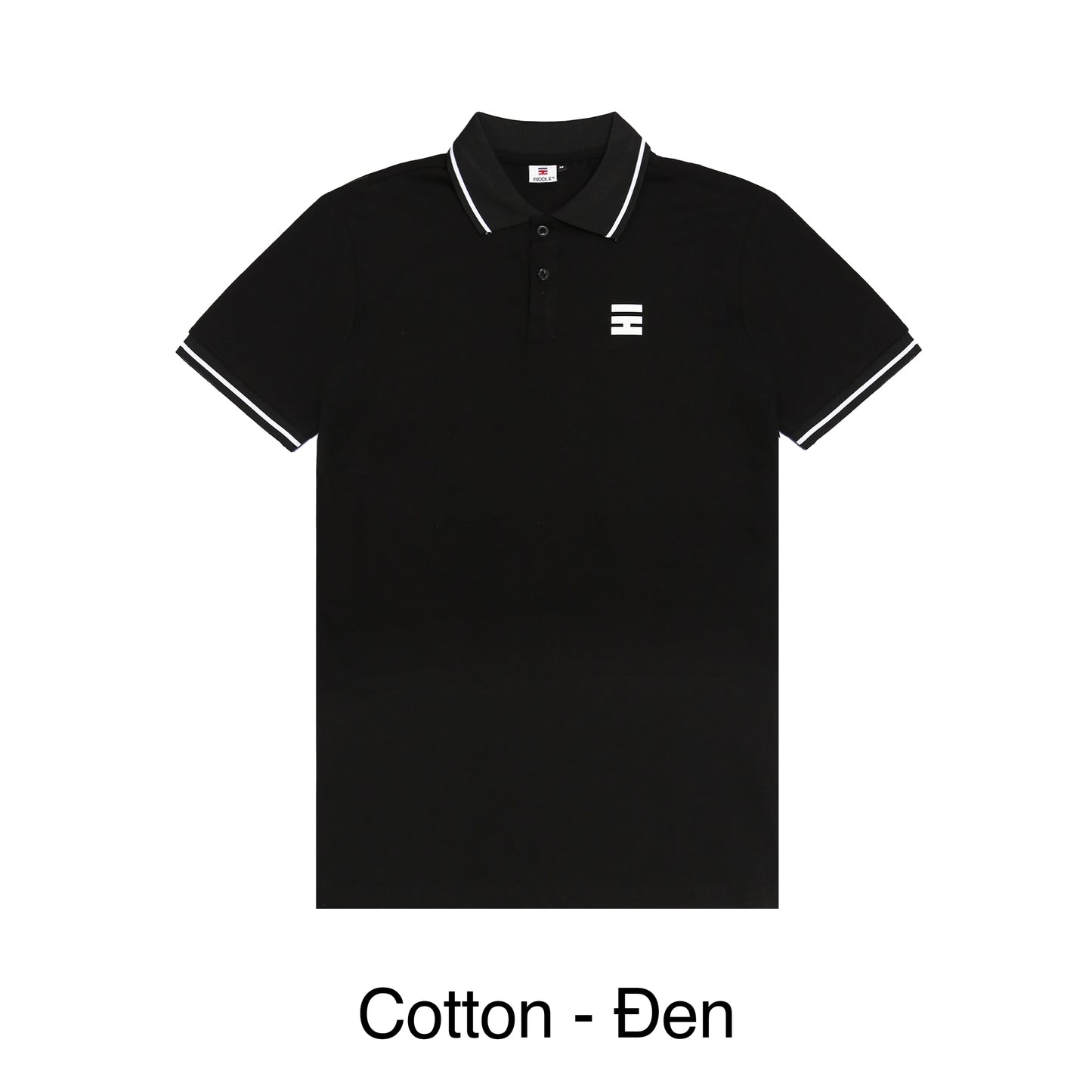 Black polo shirt with white trim on a white background