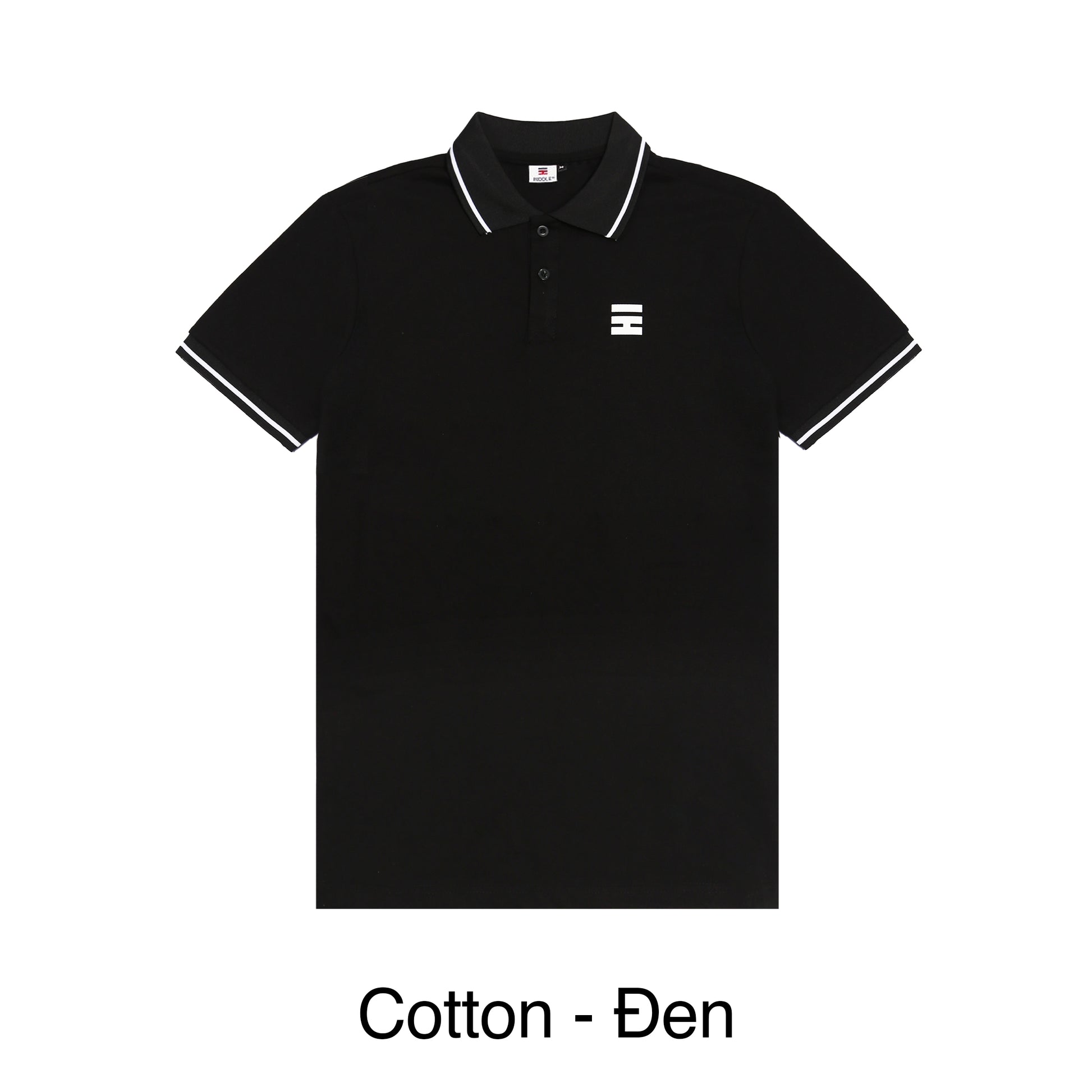 Black polo shirt with white trim on a white background