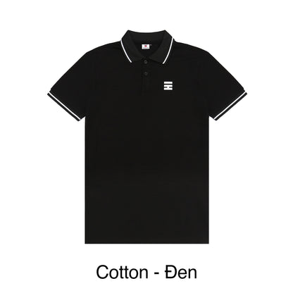 Black polo shirt with white trim on a white background