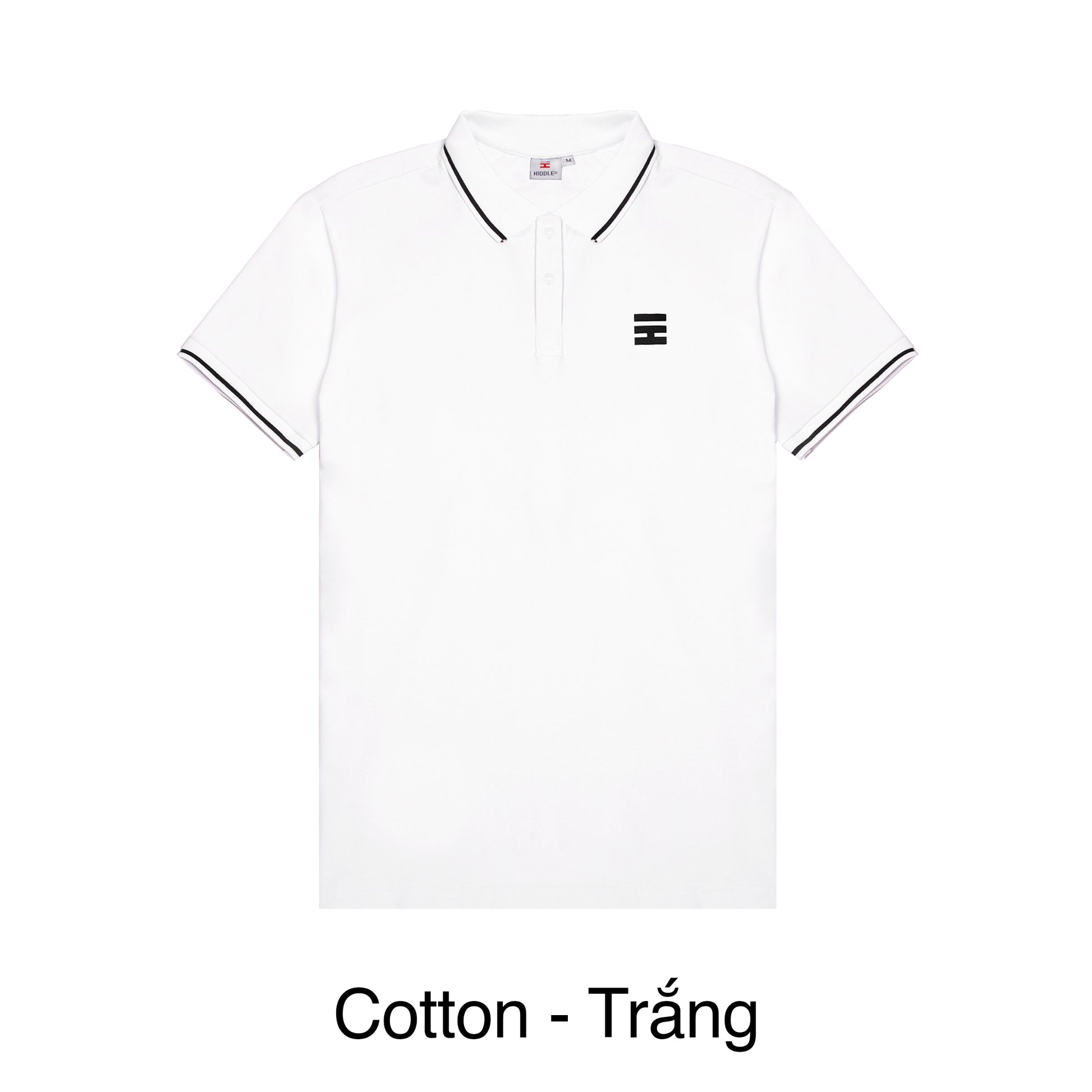 White polo shirt with black trim on a white background