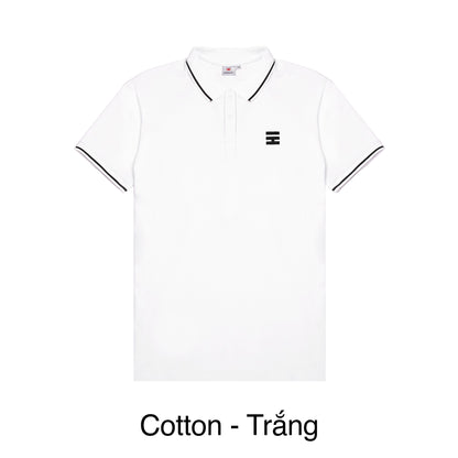 White polo shirt with black trim on a white background