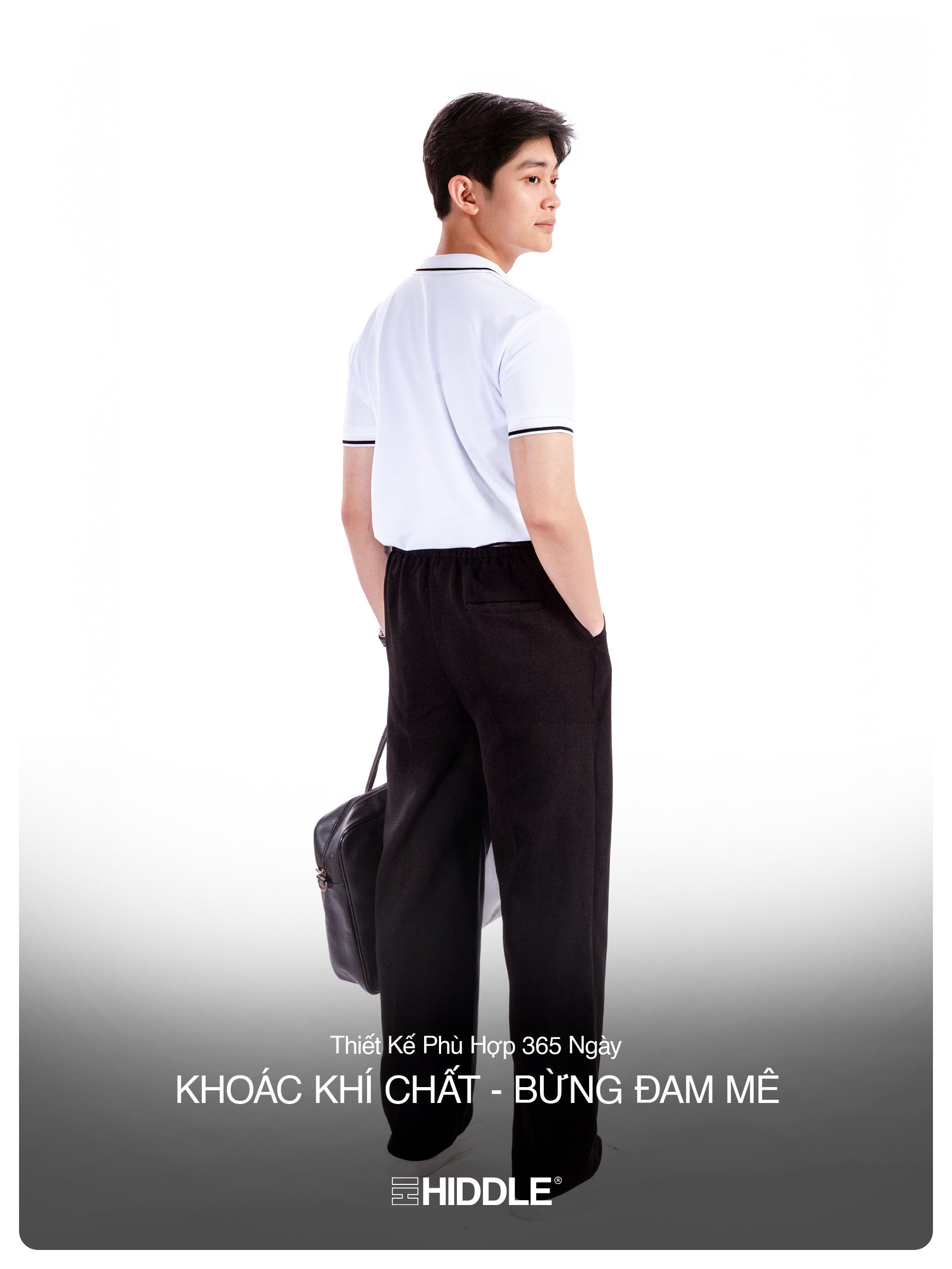 Person wearing a white polo shirt and black pants with a backpack on a white background