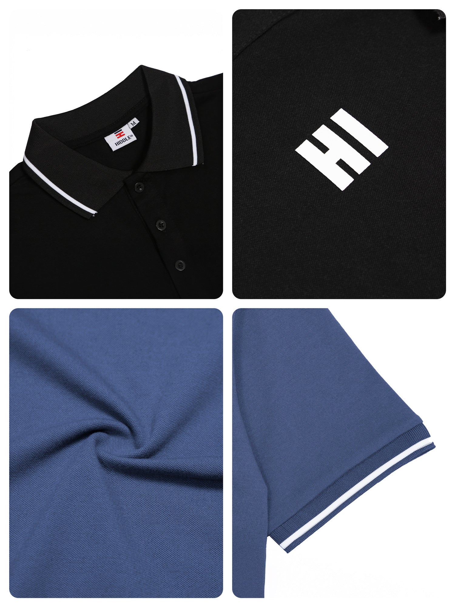 Black and blue polo shirts with white trim and 'HI' logo on a white background