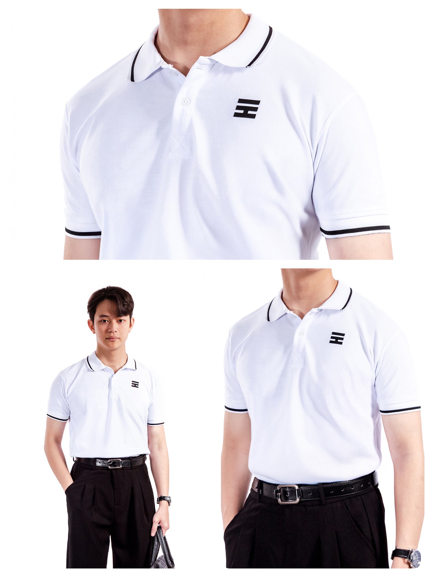White polo shirt with black trim worn by a person on a white background