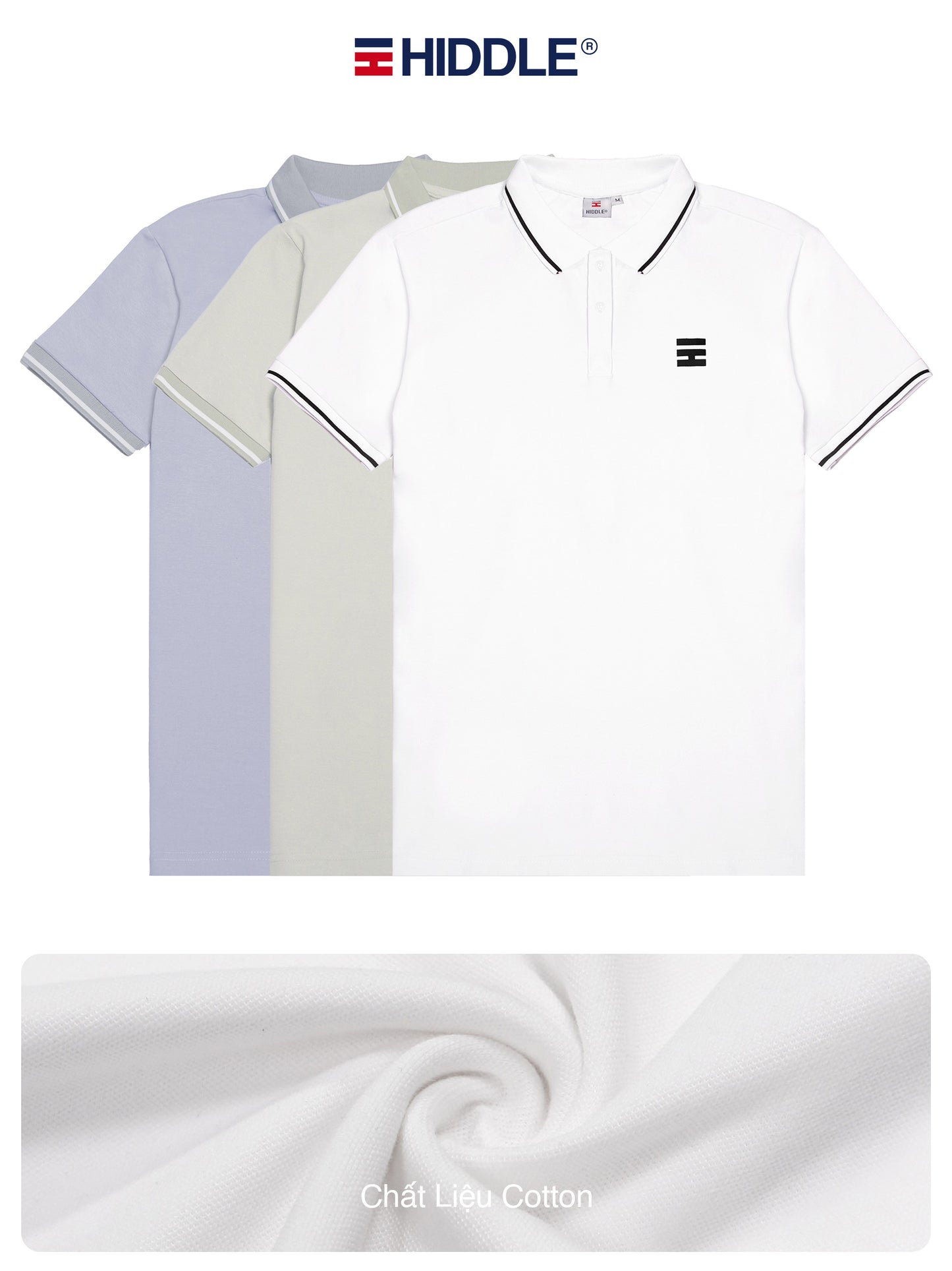 Three polo shirts in different colors with Hiddle branding on a white background.
