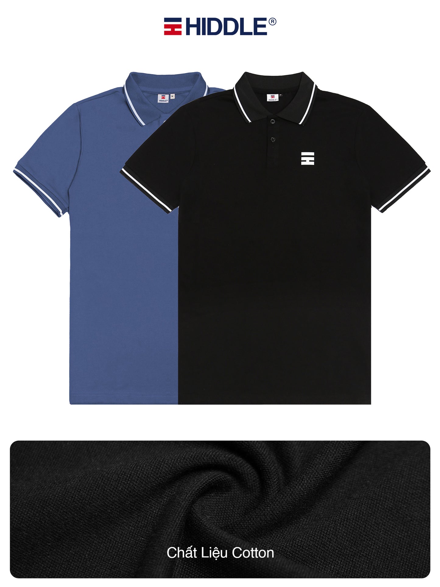 Black and blue polo shirts with visible brand logo on a white background