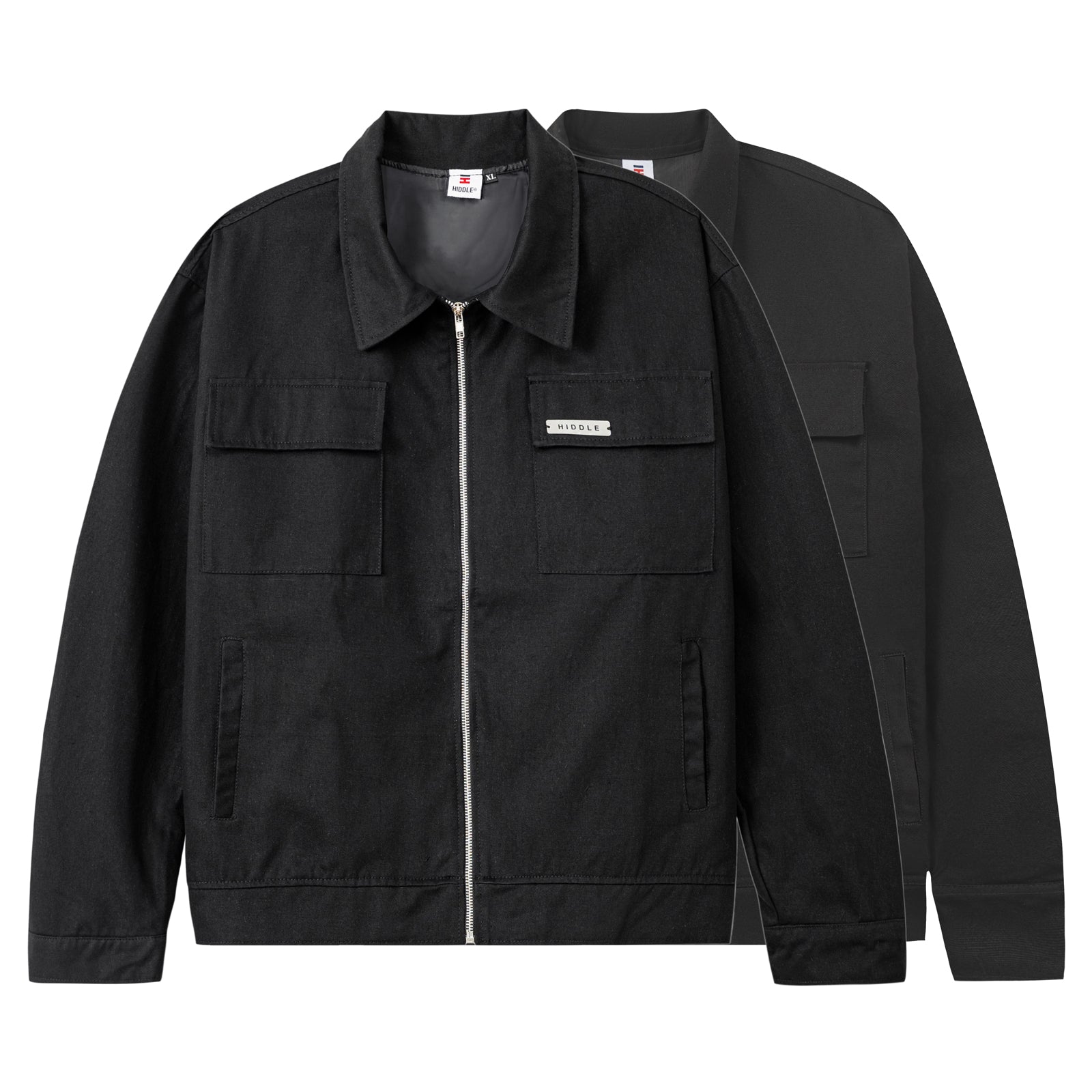 Black jacket with a brand logo on a white background