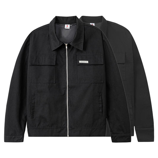 Black jacket with a brand logo on a white background