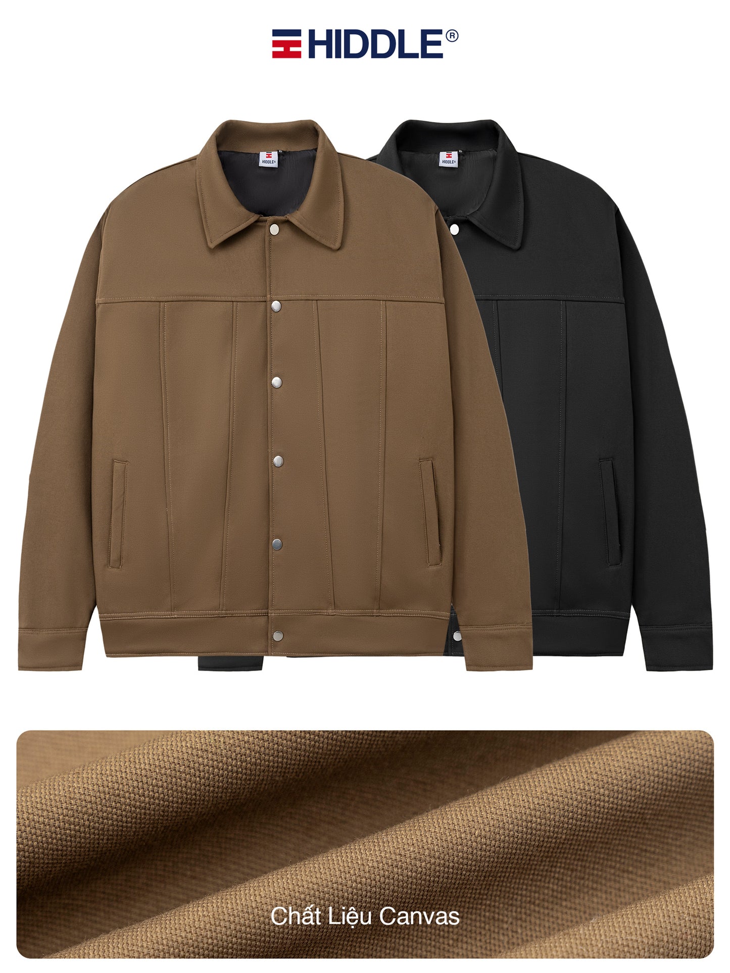Brown and black jackets with Hiddle logo on a white background