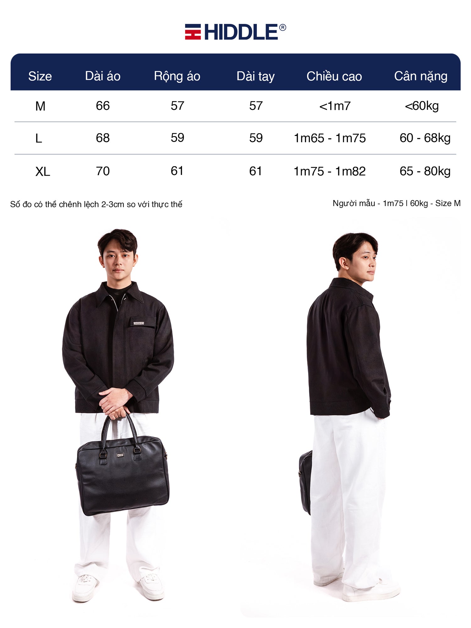 Measurement chart for a black jacket with Hiddle branding, showing size chart and two models wearing the jacket.