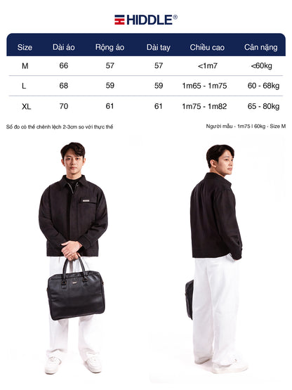 Measurement chart for a black jacket with Hiddle branding, showing size chart and two models wearing the jacket.